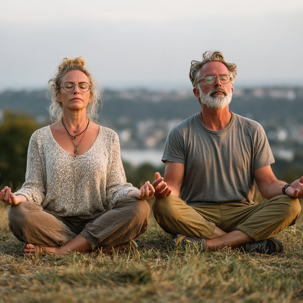 Content middle-aged man and woman sitting in lotus position during outdoor yoga session displaying inner peace and mindfulness