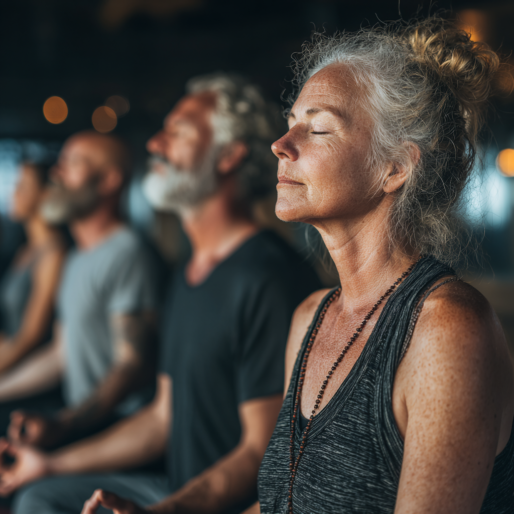 Mature adults in their 40s and 50s practicing yoga together in peaceful studio environment showing mindfulness and concentration