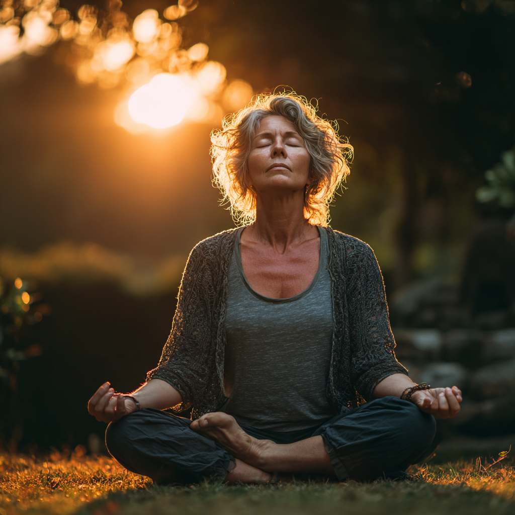 Peaceful middle-aged woman practicing yoga meditation in serene natural setting with soft lighting
